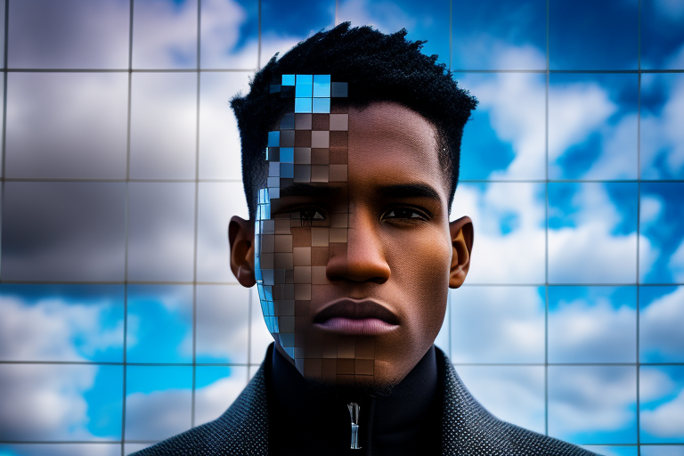 This image shows a young black man wearing a black coat staring past the camera in front of a blue cloudy sky. The scene is refracted in different ways by a fragmented glass grid. This grid is a visual metaphor for the way that new artificial intelligence (AI) and machine learning technologies can be used to extract and analyse behavioural and demographic data in innovative ways. Some of the grid squares reveal graphical interpretations of the man that exceed the capabilities of human vision, indicating how cutting edge technologies offer ways to augment traditional human understandings of complex phenomena. A neural network diagram is overlaid, familiarising the viewer with the formal architecture of AI systems.